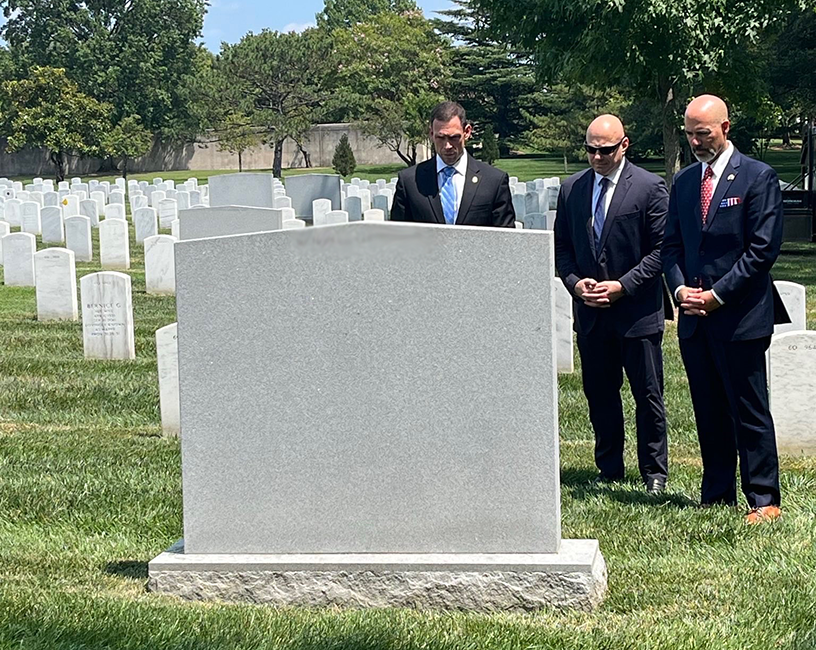 (R-L) DEA Administrator Terrance Cole, Senior Executive Service Member, Patrick McDarby, and DEA New York Division, Special Agent In Charge, Frank Tarentino at the memorial erected in honor of Special Agents Forrest N. Leamon, Chad L. Michael, and Michael E. Weston. 