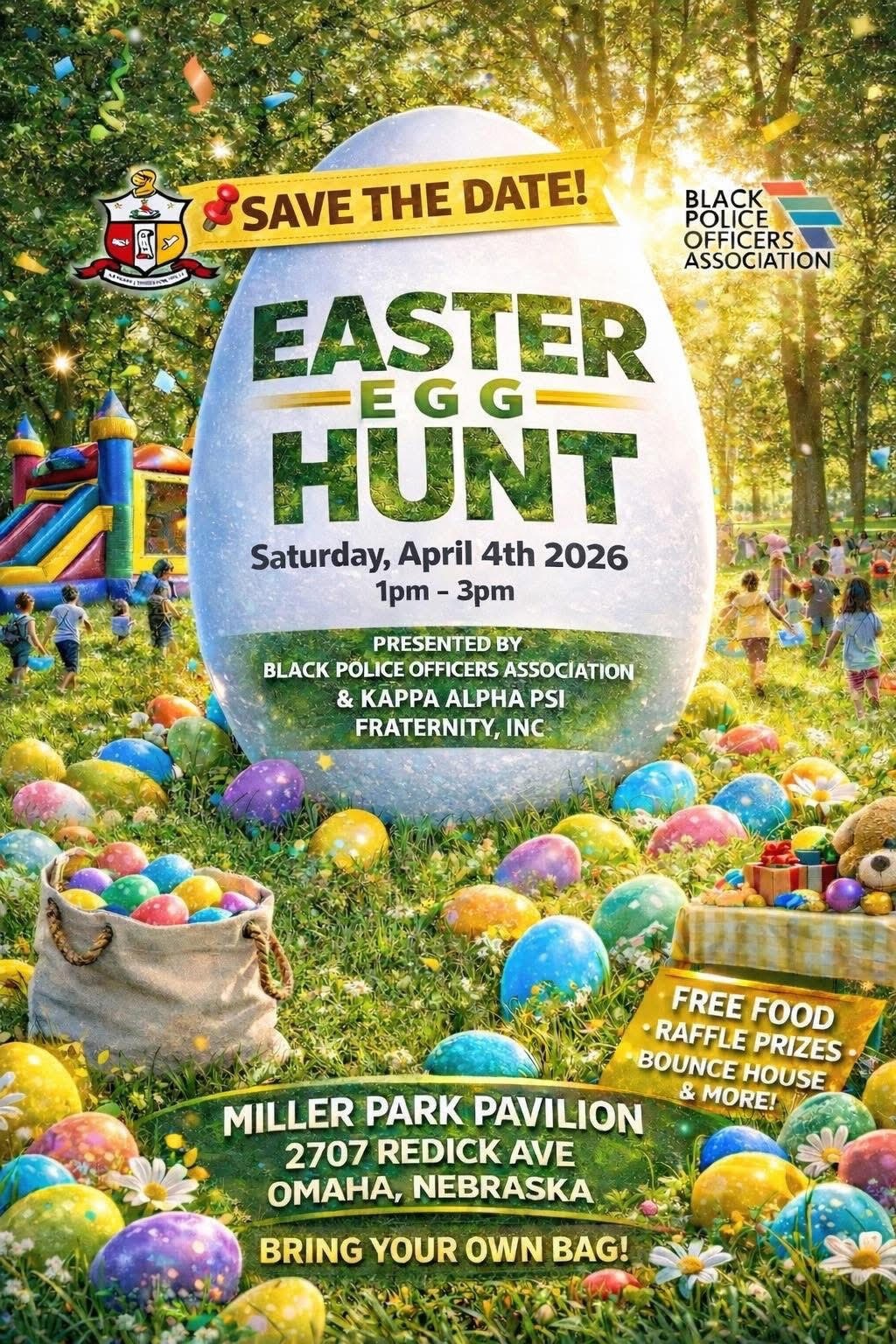 A white egg with the words Easter Egg Hunt sits on top of a green nature background surrounded with small, colorful eggs.