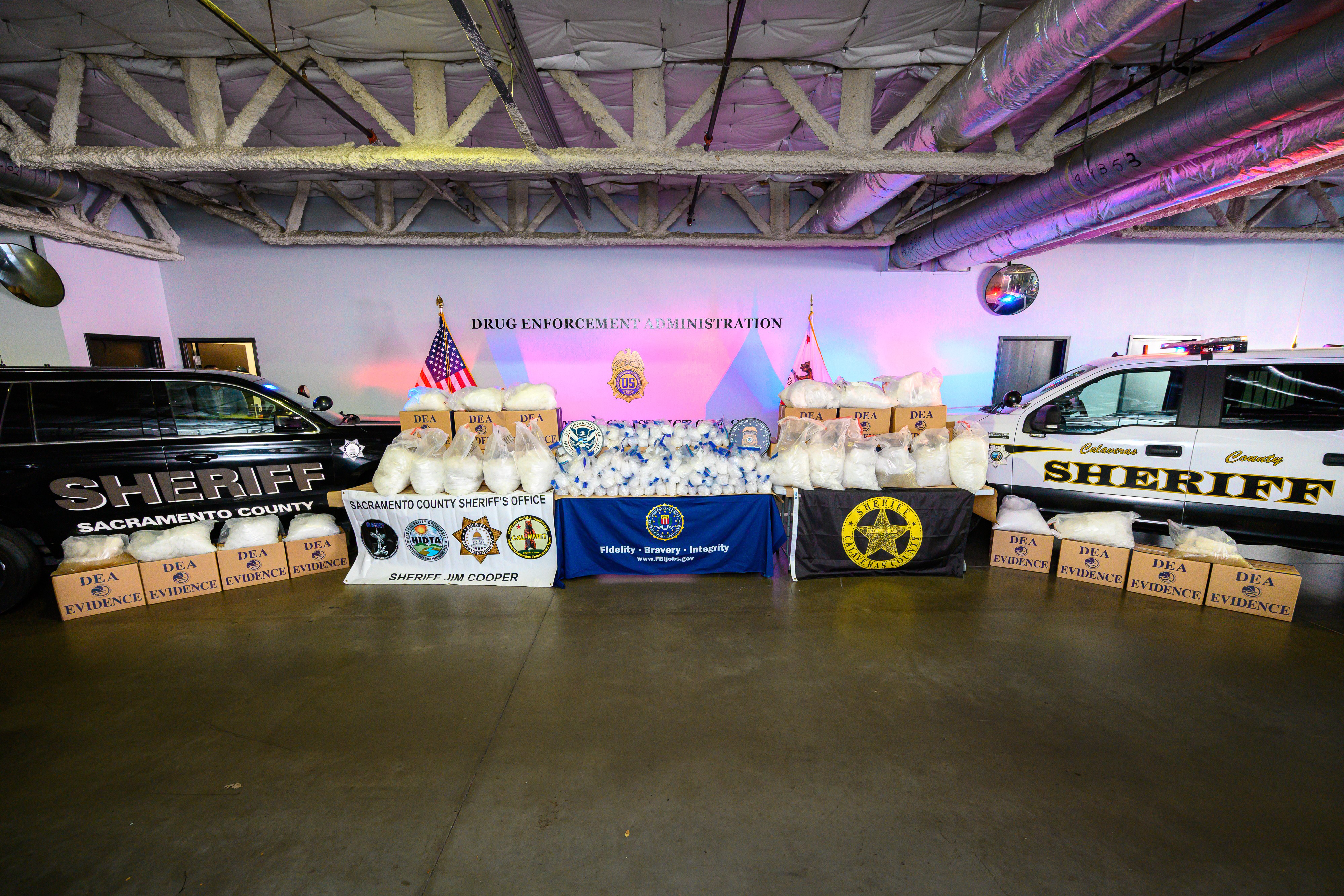 Sacramento County Sheriff’s Office and Calaveras County Sheriff’s Office vehicles staged with historic seizure 