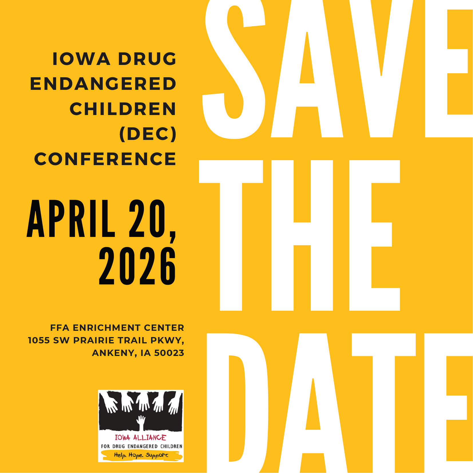 Yellow background with white words saying Save the Date.