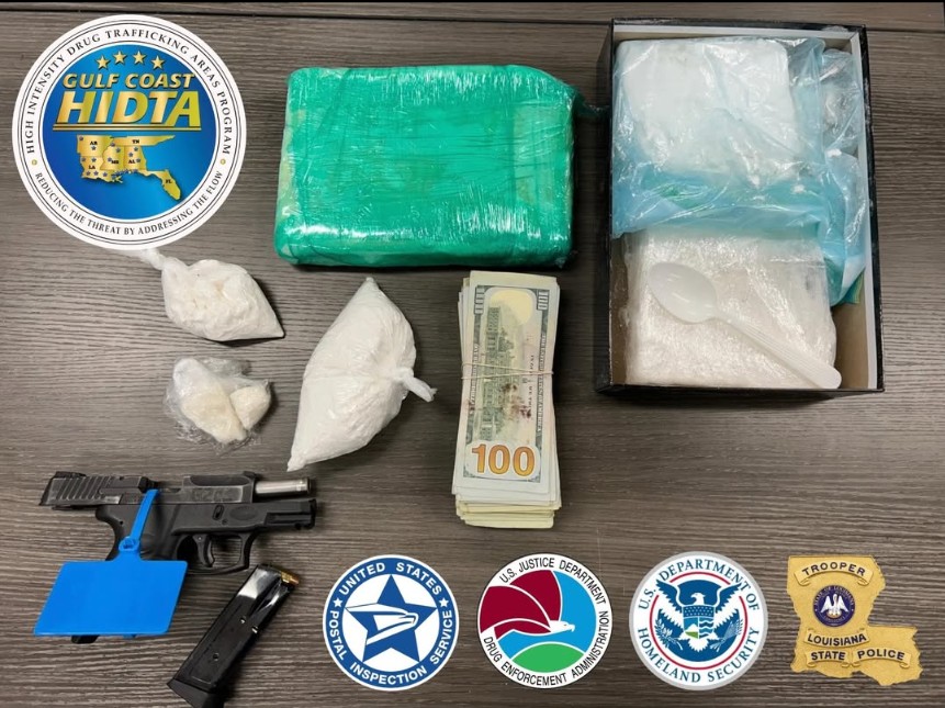Image depicts seized cocaine, fentanyl, firearm, cash, and assorted drug paraphernalia along with seals of participating law enforcement agencies.