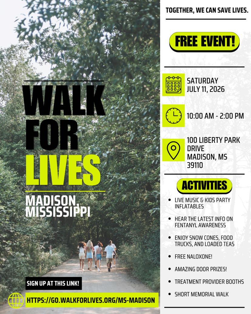 flyer for Walk for Lives in Madison MS on July 11 with event details