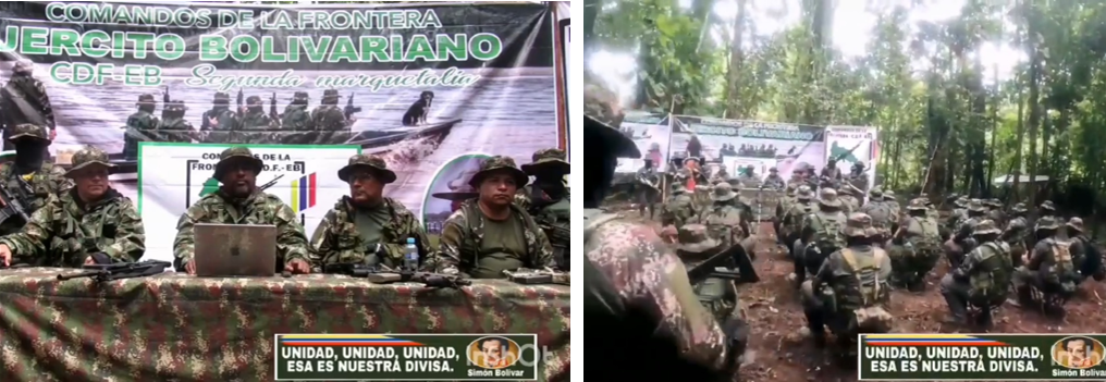 Screen shots from video released by Comandos de la Frontera in approximately 2022, featuring Rojas (center) seated before Comandos de la Frontera - Segunda Marquetalia banner