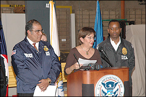 ICE SAC Manuel Oyola and DEA ASAC Joseph Shepherd with U.S. Attorney Rosa Rodriguez addressing the reporters during the news conference.
