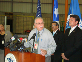DEA Special Agent in Charge Javier F Peña, address the media during the news conference. Behind, Hilton Cordero, SJPD Commissioner and Roberto Escobar, ICE Deputy SAC.