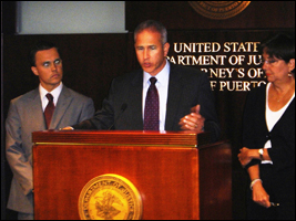 (L-R) Assistant US Attorney Sean Torriente, DEA Assistant Special Agent in Charge Israel Alicea (at the podium) and U.S. Attorney Rosa Emilia Rodriguez-Velez announce the indictment during the news conference.,