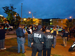 DEA and PRPD agents execute arrest warrants at the Praxedes Santiago public housing project during the operation. 