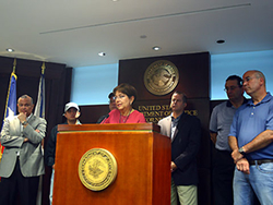(L-R) FBI SAC Luis Fraticelli, SDUSM Antonio Torres, USMS PRFTF, DEA SAC Javier Pena (partially covered by the U.S. Attorney), U.S. Attorney Rosa Rodriguez, Acting U.S. Marshal Eric Timberman , AUSA Joe Ruiz and PRPD Superintendent Jose Figueroa at the U.S. Attorney's news conference announcing the arrest of the fugitive.