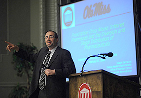 Deputy Assistant Administrator Joseph T. Rannazzisi addresses the audience at the 32nd Charles W. Hartman Memorial Lecture at the University of Mississippi’s School of Pharmacy.