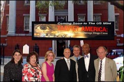 The museum committee poses in front of the Old U.S. Mint: L to R: Brooke Smith, Director of Strategic Partnerships; Kathy English, Public Information Officer, U.S. Attorney’s Office; Darlene Cusanza, Director, Crimestoppers; Mitch Landrieu, Lt. Governor; Jim Letten, U.S. Attorney; SAC Jimmy Fox and Sam Rykels, Assistant Secretary, Office of State Museums.