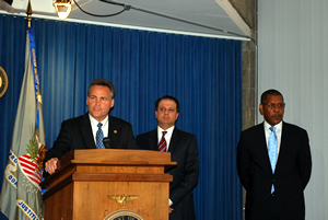 (L to R) DEA Chief of Operations Thomas Harrigan, Preet Bharara, and M.Nathaniel Barnes, Liberian Ambassador to the US at press conference to announce Operation Relentless.