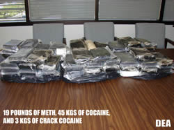 19 pounds of meth, 45kgs of cocaine, and 3kgs of crack cocaine