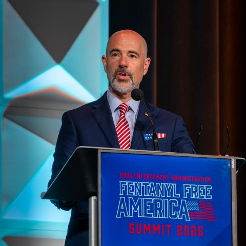 DEA Administrator delivering closing remarks during the Fentanyl Free America Summit in Orlando, Florida