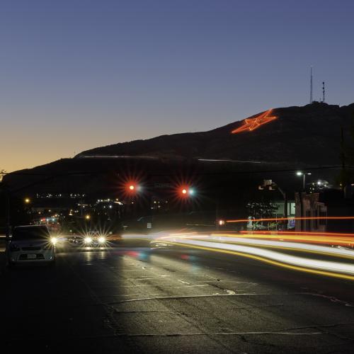 Franklin Mountain Red Star in El Paso lit up in red for Red Ribbon Week