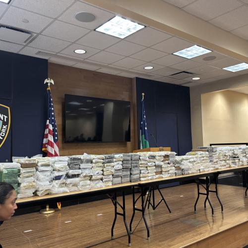 Seized 580 pounds of cocaine on display for a press conference at the NYPD Lab in Queens, NY