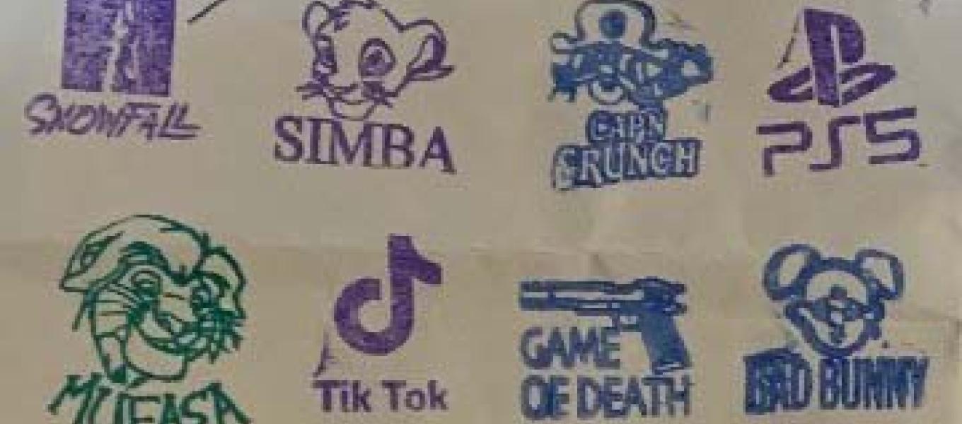 Stamps used by organization to brand heroin/fentanyl glassine bags-NOTE teen targeted topics like Mufasa Tik Tok PS5  Simb, and Capn Crunch