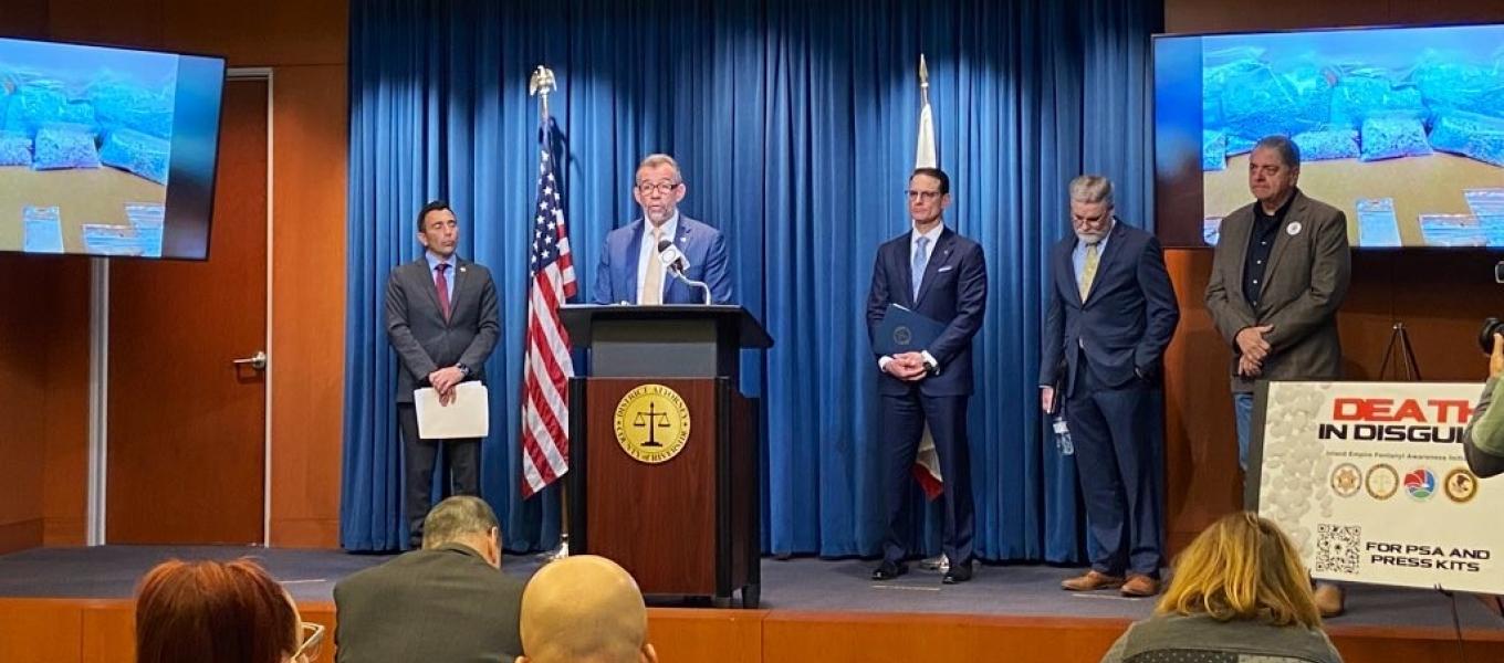 United States Attorney Martin Estrada, Riverside County District Attorney Mike Hestrin, San Bernardino County Assistant District Attorney Simon Umscheid, Drug Enforcement Administration Los Angeles Division Special Agent in Charge Bill Bodner, and Victims of Illicit Drugs non-profit organization member/father Steve Filson 