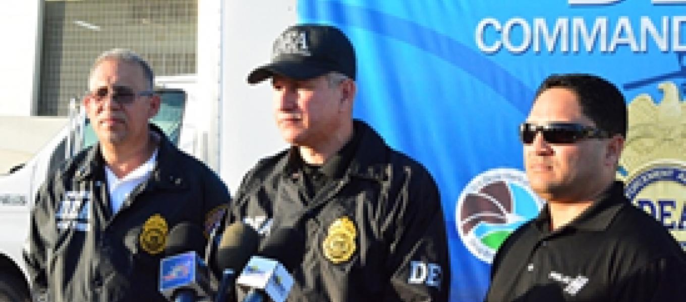 PRPD-DEA Task Force Lieutenant Jorge Estrada, DEA Assistant Special in Charge Israel Alicea and PRPD-DEA Task Force Lieutenant Jesus Figueroa take questions from the media during a news conference announcing results of the arrest operation. 