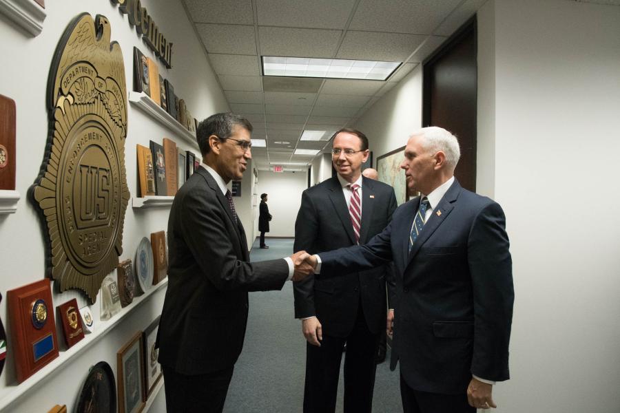 Acting Administrator Dhillon welcomes Vice President Pence and Deputy Attorney General Rosenstein during the Vice President’s visit to DEA Headquarters.  