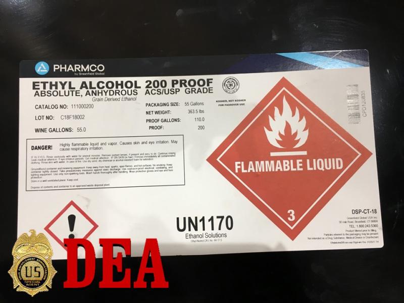 Flammable liquid warning on 55 gallon drum of ethanol