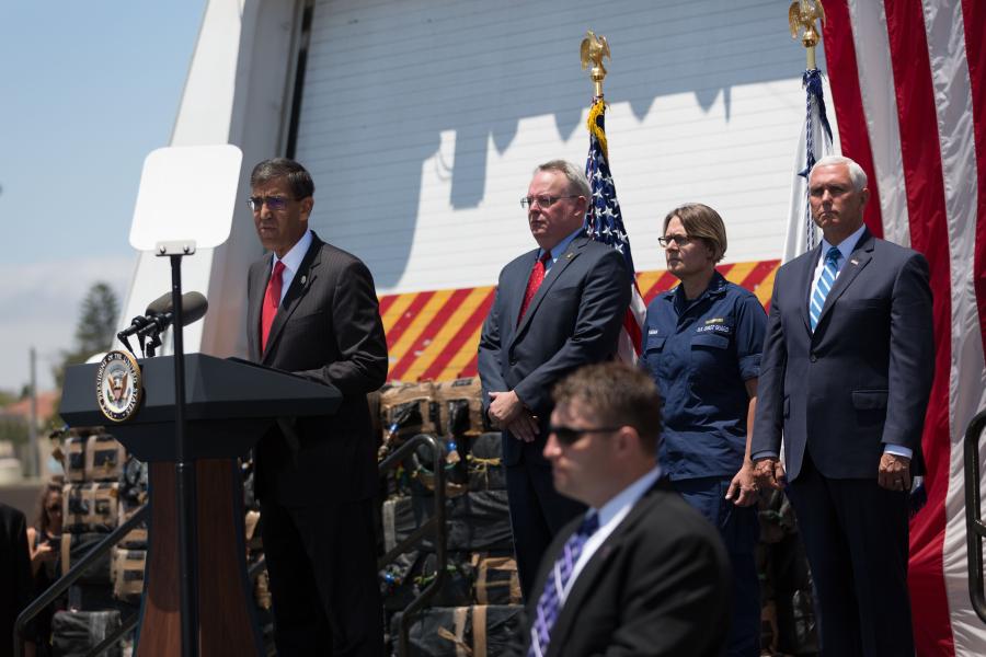 Acting Administrator Uttam Dhillon, (R-L) Vice President Mike Pence, Vice Admiral Linda Fagan, USCG, ONDCP Dir. James W. Carroll  