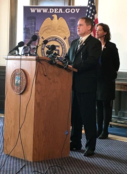 DEA Omaha Division Special Agent in Charge Richard Salter Jr. announces the new Duluth Post of Duty from City Hall.