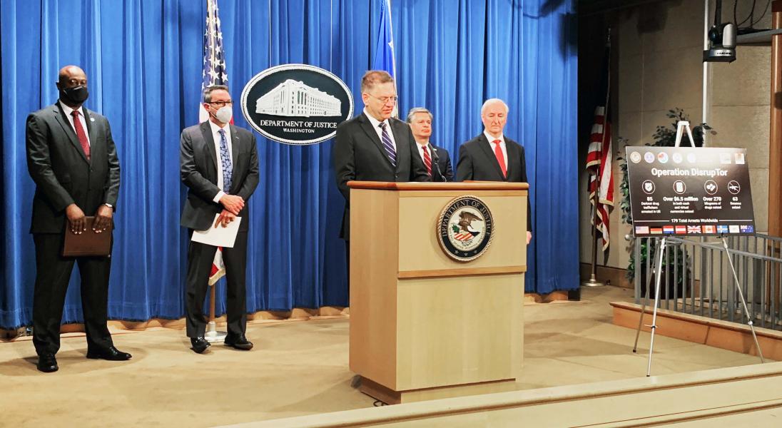 Today, the Department of Justice, through the Joint Criminal Opioid and Darknet Enforcement team, joined Europol to announce the results of Operation DisrupTor, a coordinated international effort to disrupt opioid trafficking on the Darknet