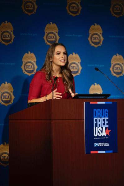 Miss America 2020, Camille Schrier speaking to the audience about prescription drug safety and abuse prevention.