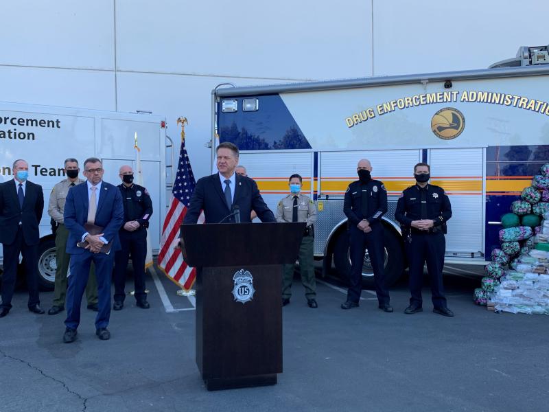 DEA Acting Administrator Timothy J. Shea and Los Angeles Field Division Special Agent in Charge Bill Bodner speaking at the press conference 
