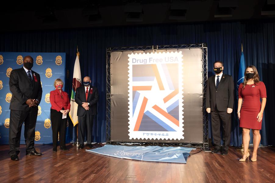 Left to Right: Chief Postal Inspector Gary Barksdale, President of the National Family Partnership, Peggy Sapp, Postmaster General Louis DeJoy, DEA Acting Administrator Timothy Shea, and Miss America 2020, Camille Schrier