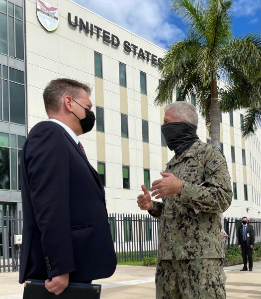 DEA Acting Administrator Tim J. Shea was in Miami Monday and met with U.S. Southern Command Commander, Navy Admiral Craig S. Fuller. Both are standing in front of the USSOUTHCOM building.  
