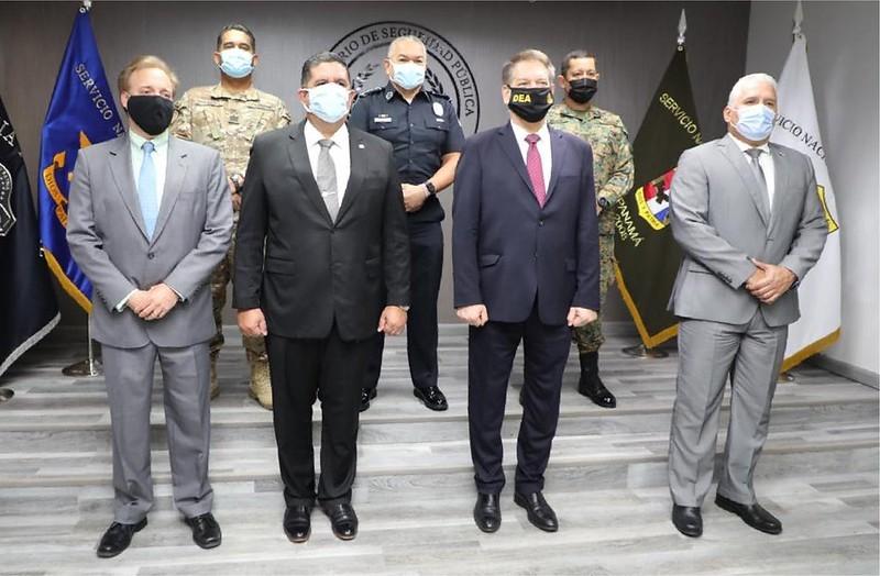 Acting DEA Administrator Timothy Shea (center-right), Chief of Mission at U.S. Embassy Panama, Stewart Tuttle (far-left) with the Minister of Panama, Juan Pino (center-left), and other senior officials of the security forces of Panama