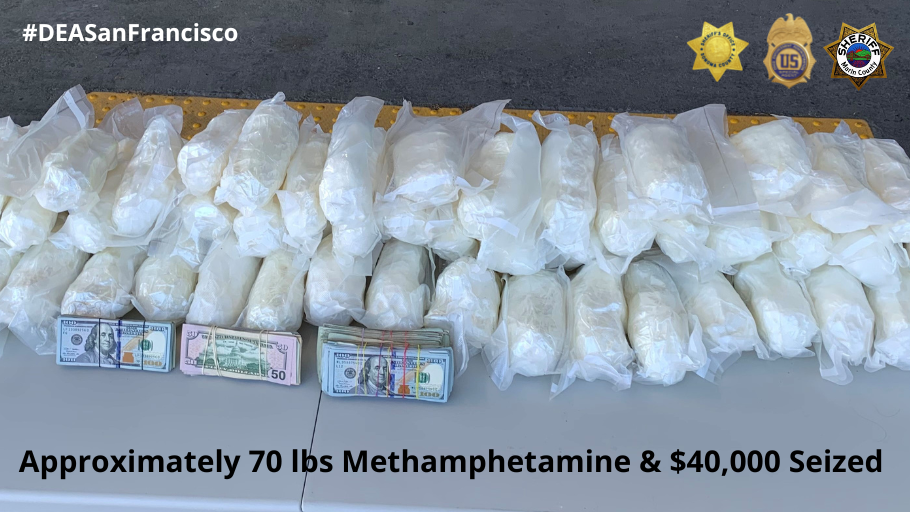 Approximately 70 lbs methamphetamine wrapped in plastic and $40,000 US Currency