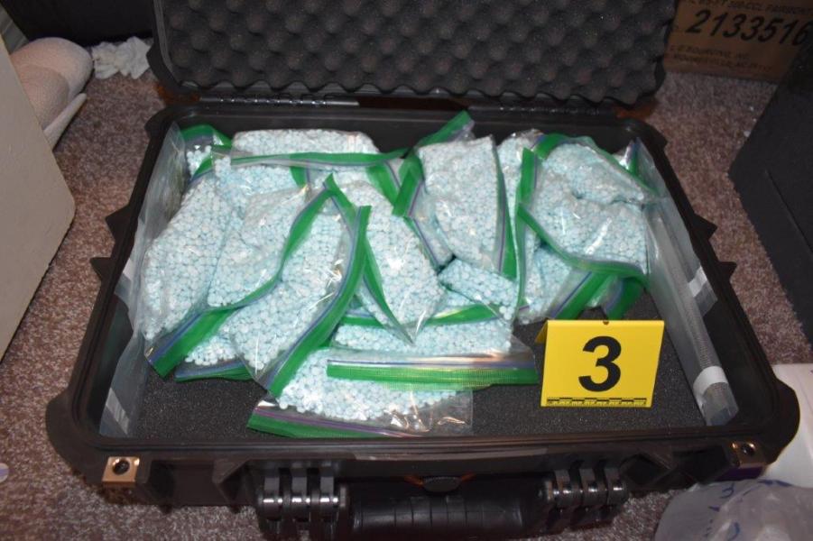 Fake pills (blues) located in a closet during a June 15 search.