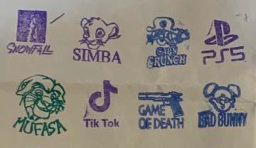 Stamps used by organization to brand heroin/fentanyl glassine bags-NOTE teen targeted topics like Mufasa Tik Tok PS5  Simb, and Capn Crunch
