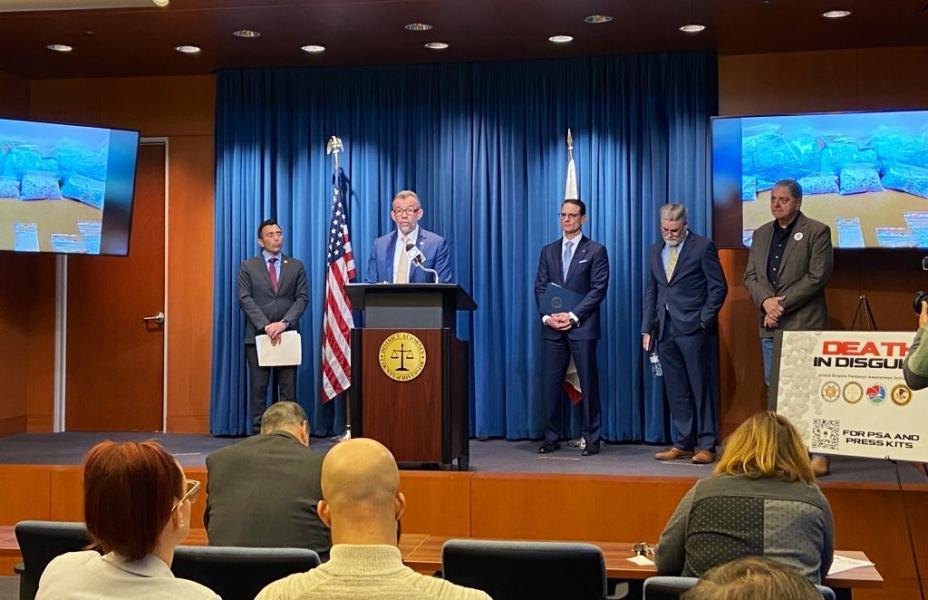United States Attorney Martin Estrada, Riverside County District Attorney Mike Hestrin, San Bernardino County Assistant District Attorney Simon Umscheid, Drug Enforcement Administration Los Angeles Division Special Agent in Charge Bill Bodner, and Victims of Illicit Drugs non-profit organization member/father Steve Filson 