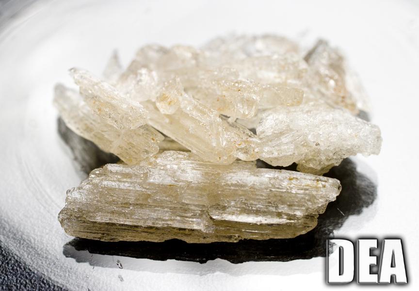 Stock Photo of Crystal Methamphetamine with the DEA Logo in the bottom right corner