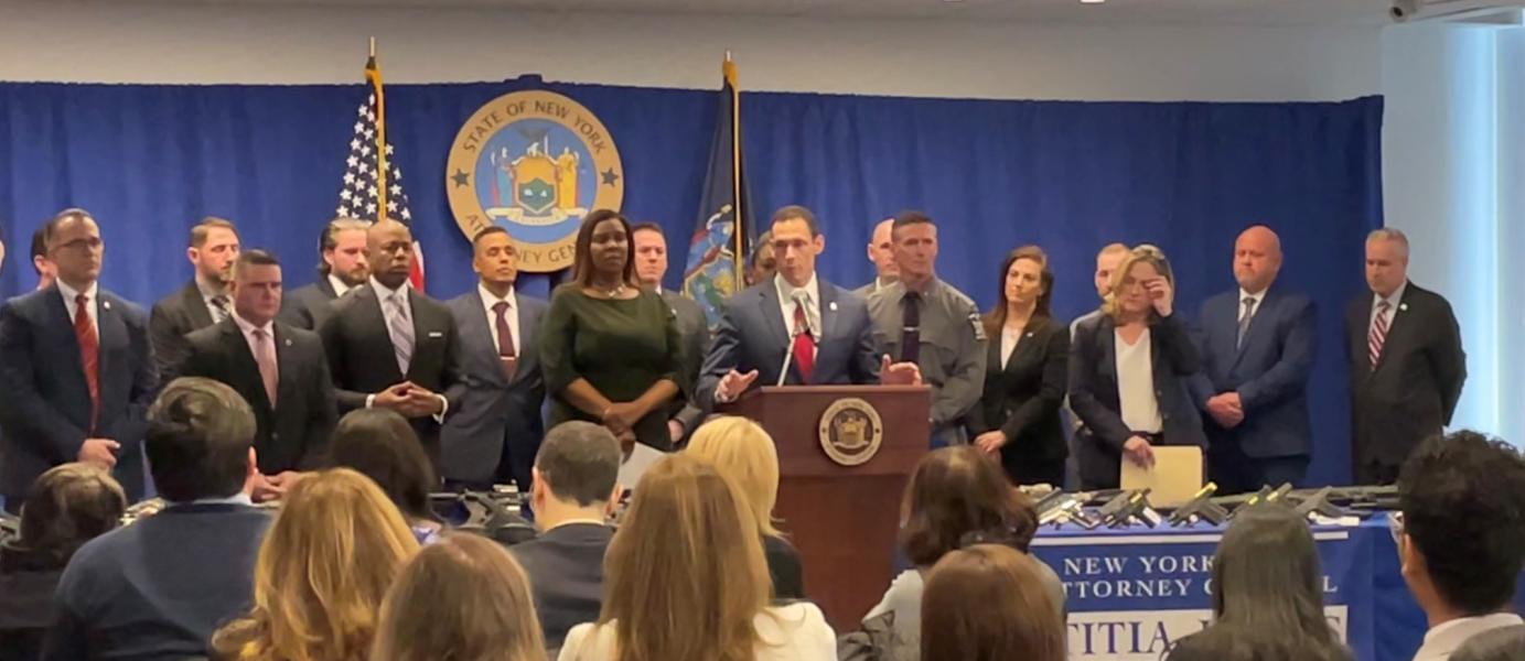 SAC Frank Tarentino joins NY AG Letitia James, NYC Mayor Eric Adams, NYPD Commissioner Keechant Sewell, NYSP Superintendent Stephen Nigrelli, and Queens DA Melinda Katz at a press conference on March 15, 2023