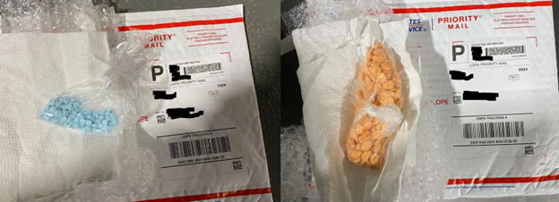 The contents of two of the priority mail packages, contained what appears to be counterfeit oxycodone and counterfeit Adderall