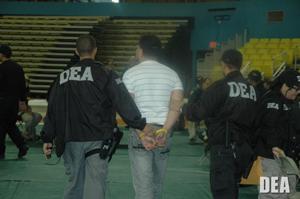 DEA Agents escort one of the doctors in for processing