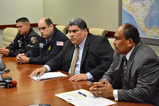 L-R: PRPD SGT Victor Salgado, HSI SA Arturo Colon, AUSA Carlos Cardona, and DEA ASAC Sergio Luna respond to members of the media during the news conference at the DEA Caribbean Division today.