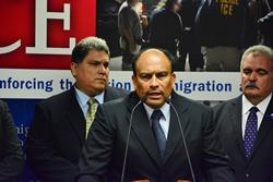 At the joint news conference DEA ASAC Sergio Luna (center) highlights DEA's role in the investigation. Standing next to ASAC Luna is (L) AUSA Carlos Cardona and (R) FBI ASAC Samuel Santana. 