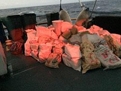 USCG retrieved 43 packages of suspected contraband aboard a Finnish-flagged sailing vessel in the Caribbean Sea.