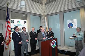 RAC Dale Kasprzyk at the podium. L-R (background): U.S. Attorney William J. Hochul, Jr., Gary Baldauf Regional Director Medicaid Fraud, ASAC James R. Burns Jr., Niagara County Sherriff James R. Votour, Niagara Falls Chief of Police John R. Chella.