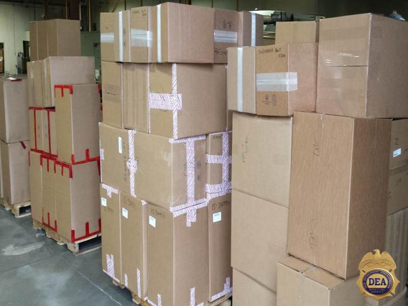 Prescription drugs collected from Washington State on September 26, 2015, boxed for disposal.