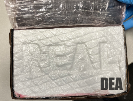 a block of a compressed white powdery substance with "REAL" stamped into the side of it
