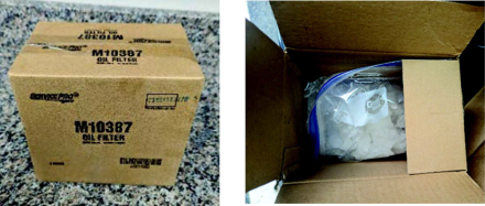The drug evidence was packaged in oil filter boxes of varying sizes. Within the oil filter boxes, methamphetamine was packaged in a gallon-size plastic bag. Evidence from United States v. James Len Ramey, 3:24-cr-00024 in the U.S. District Court for the Middle District of Georgia.