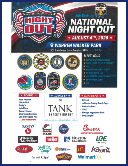 Flyer promoting the National Night Out event in Louisville KY's Warren Walker Park, featuring sponsor and participant logos.