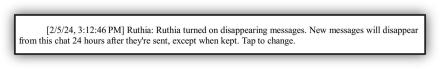 Notification of He turning on disappearing messages.