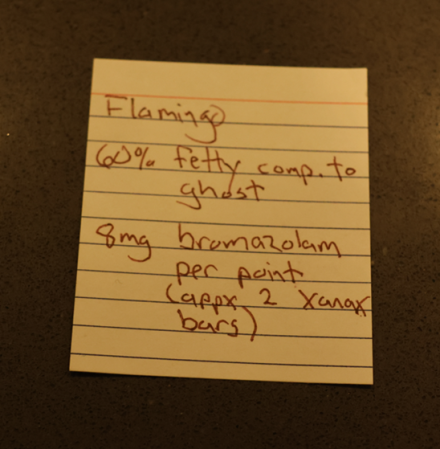 Handwritten recipe for “Flamingo” indicating a combination of fentanyl and bromazoloam